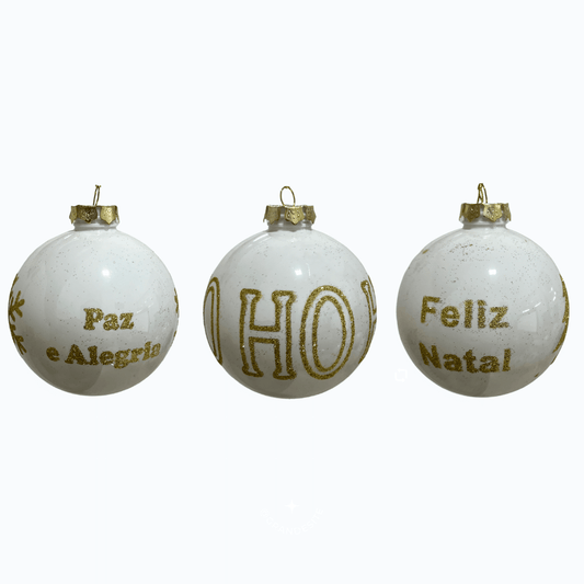 Caixa com 3 Bolas de Natal Decorada Branca Com Dourado 10cm