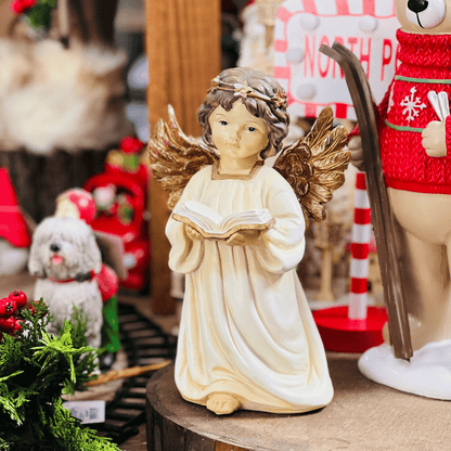 Anjo de Natal Com Livro - Enfeite Decorativo com Luzes na Auréola