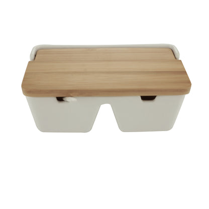 Saleiro de Mesa com 2 Divisorias Ceramica e Bambu com Colher Bianco 19x9cm