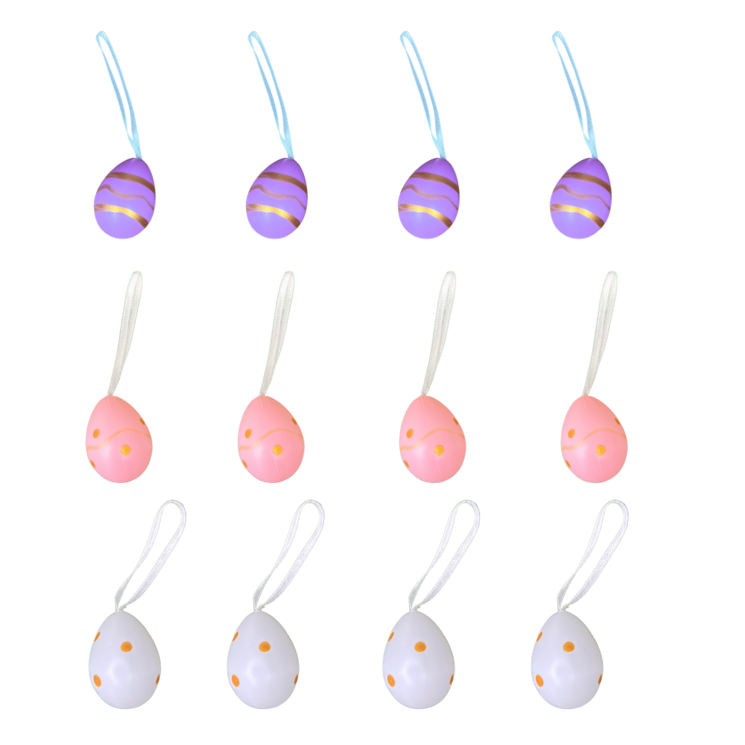 Ovos de Páscoa Para Pendurar Roxo Rosa e Branco Com 12 Unidades 4cm