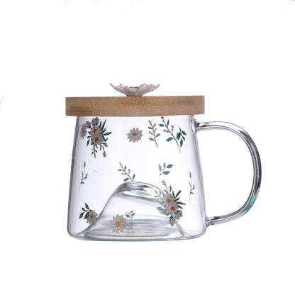 Caneca de Vidro Borossilicato Com Pires de Bambu Daisy - 330ml