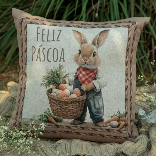 Capa Páscoa Coelho com Cesta de Ovos Bege - 43cmx43cm (399150)