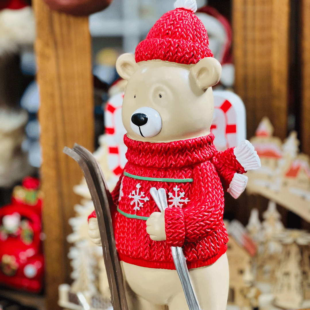 Urso de Natal Esquiando em Resina