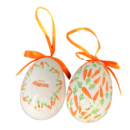 Cjt 2 Ovos Decorados Laranja e Branco Para Pendurar 7,5cm