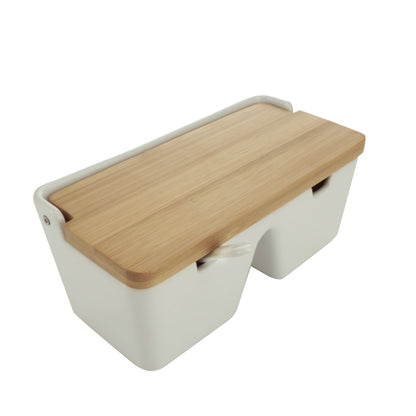 Saleiro de Mesa com 2 Divisorias Ceramica e Bambu com Colher Bianco 19x9cm