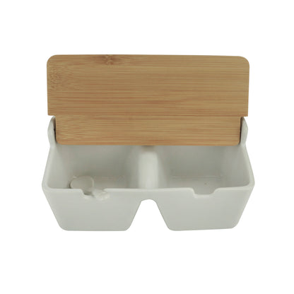 Saleiro de Mesa com 2 Divisorias Ceramica e Bambu com Colher Bianco 19x9cm