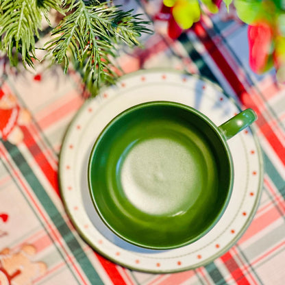 Xícara de Chá Com Pires Em Cerâmica - Christmas Dots Verde