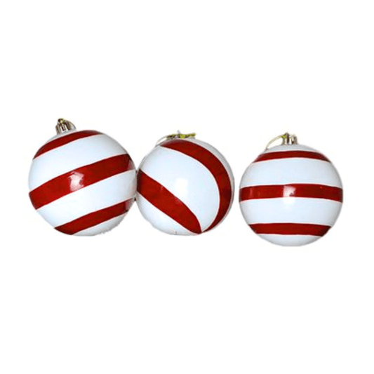 Caixa com 3 Bolas de Natal Decorada Branca Com Vermelho 10cm