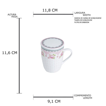 Caneca de Porcelana Com Tampa e Filtro - Rose 310ml