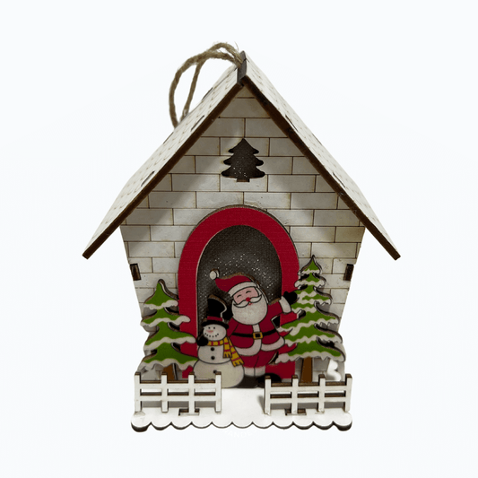 Casinha Papai Noel Branca e Vermelha Com Led 10x8x12cm