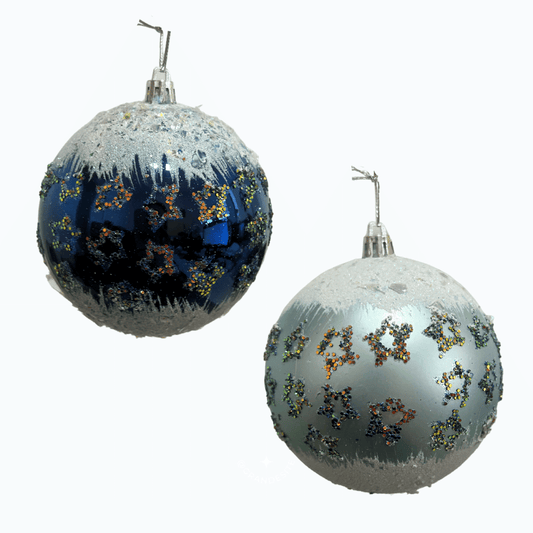 Caixa com 2 Bolas de Natal Decorada Azul Nevada 10cm