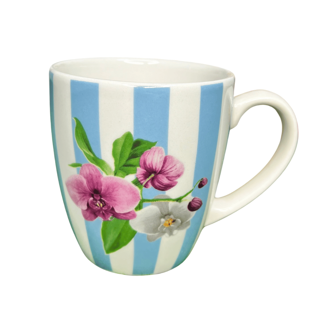 Caneca Trendy Listrada Com Flores de Cerâmica 370ml