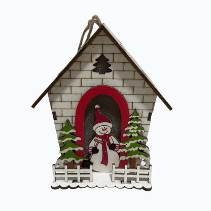 Casinha Boneco de Neve Branca e Vermelha Com Led 10x8x12cm