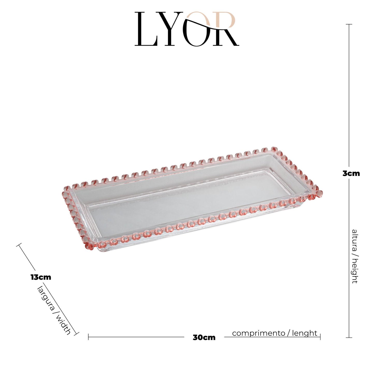 Travessa Retangular de Cristal de Chumbo Coracao Borda Rosa 30x13x3cm