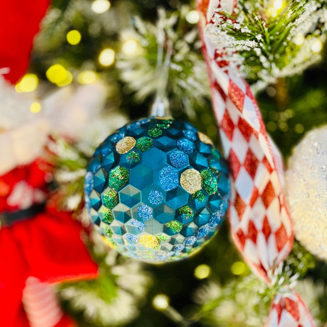 Caixa com 2 Bolas de Natal Decorada Azul Com Brilho 10cm