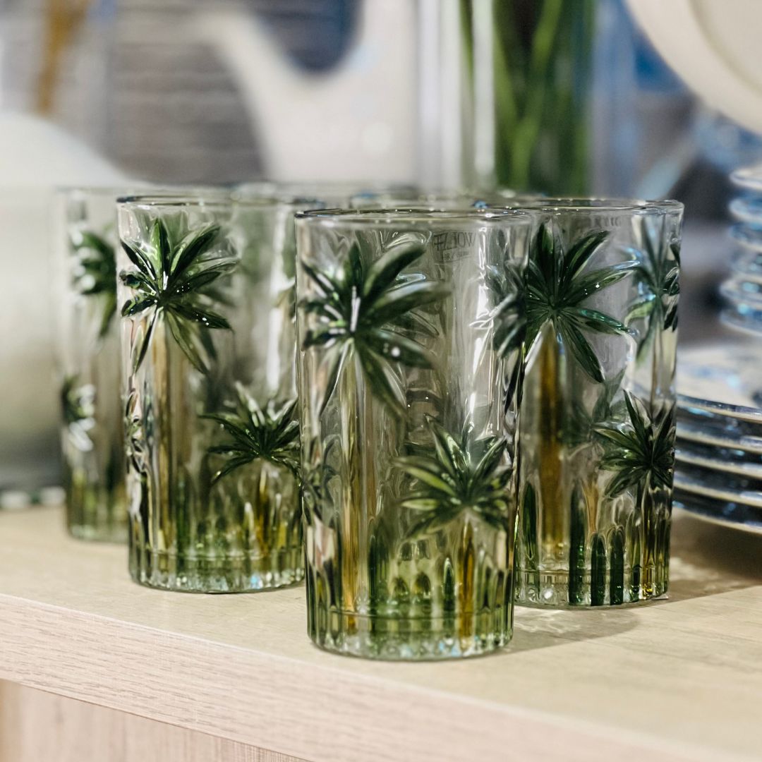 Conjunto de 6 Copos Altos Cristal - Palm Tree Handpaint 360ml