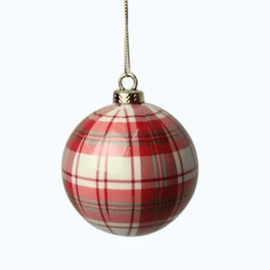 Caixa Com 3 Bolas de Natal Decorada Xadrez Vermelha 8cm