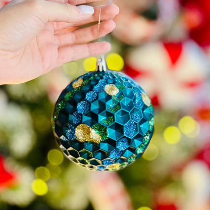 Caixa com 2 Bolas de Natal Decorada Azul Com Brilho 10cm