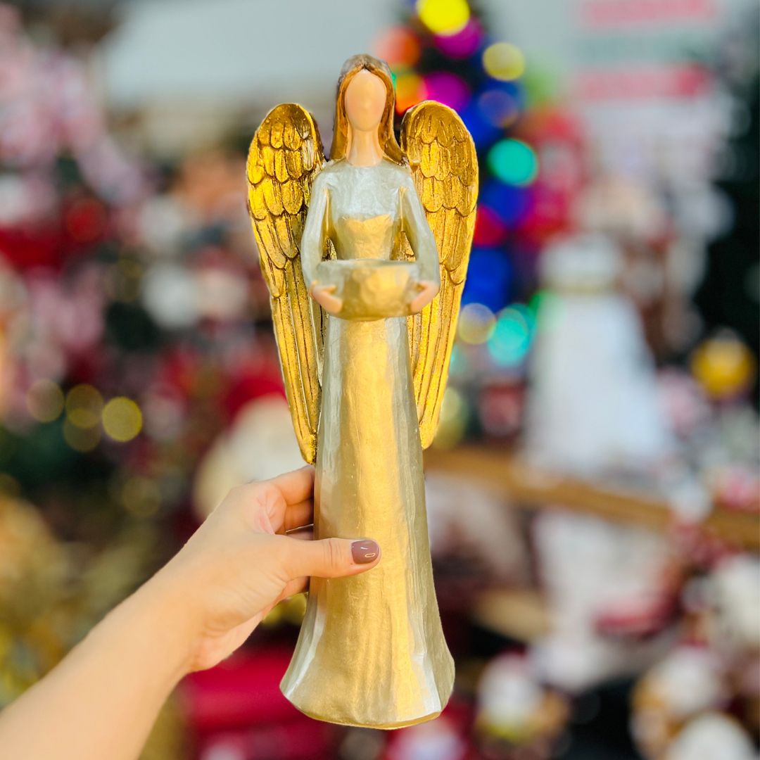 Anjo em Castiçal - Dourado Natal 33cm