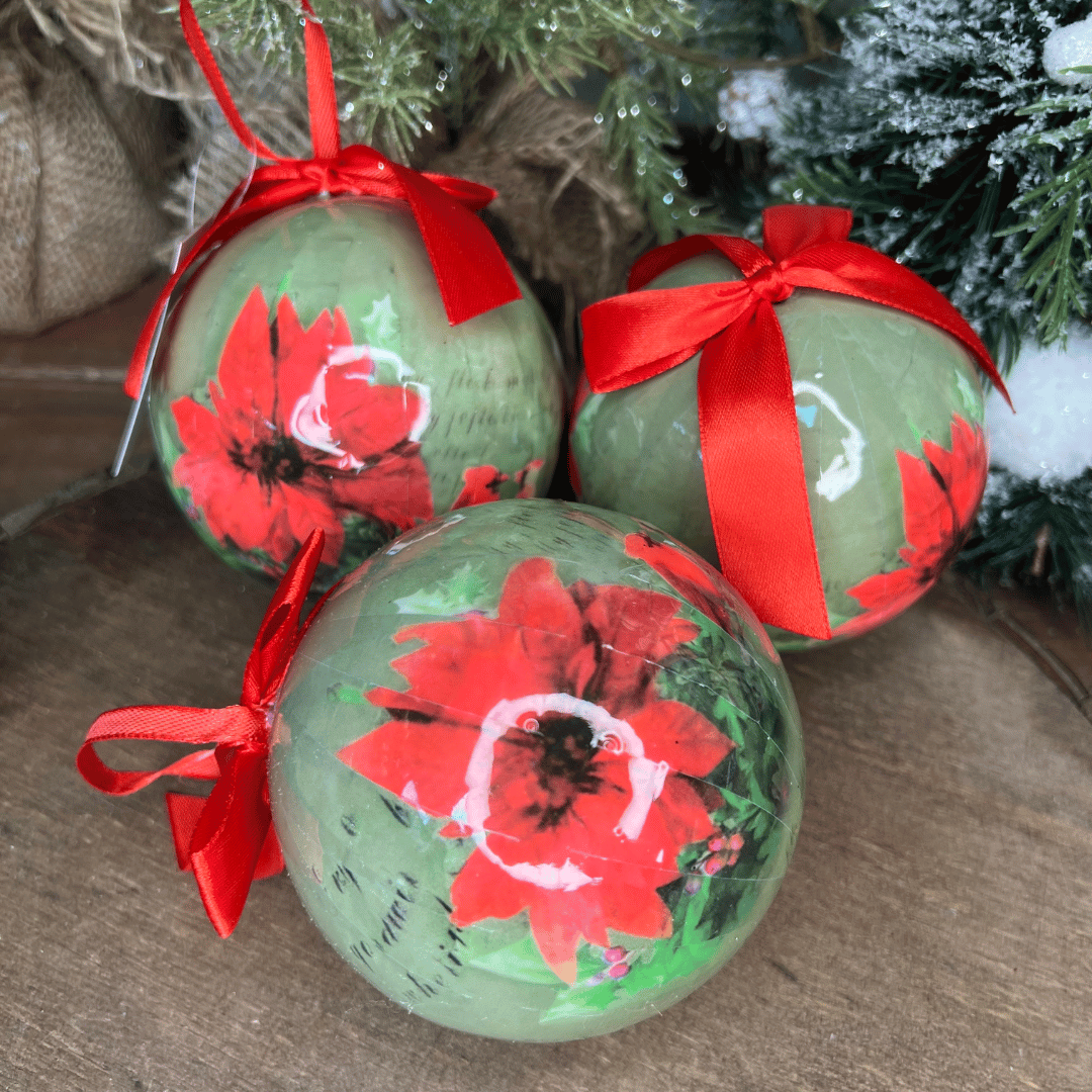 Caixa com 3 Bolas de Natal Decoradas Verde e Vermelho 10cm