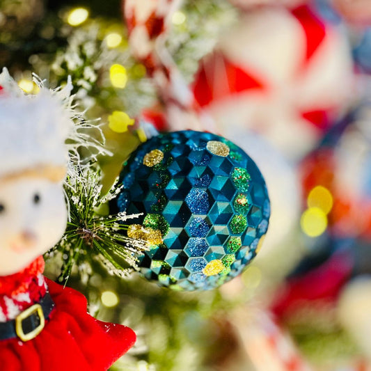 Caixa com 2 Bolas de Natal Decorada Azul Com Brilho 10cm