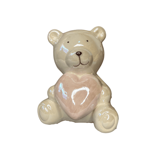 Urso Branco Sentado Com Coracao De Porcelana 12cm