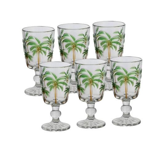 Conjunto 6 Tacas Para Agua de Vidro Tropical Palm Hand Painting 310ml