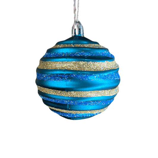 Caixa Com 3 Bolas de Natal Decorada Azul Listrada 8cm