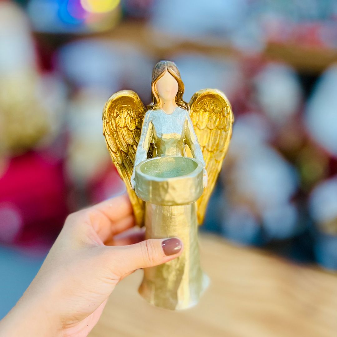 Anjo em Castiçal - Dourado Natal 19cm